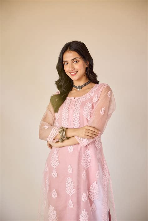 Nimrah Pink Organza Hand Embroidered Chikankari Kurta with Slip