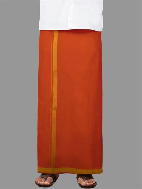 Men Cotton Blend Single Layer Orange Dhoti with Big Border Rishi