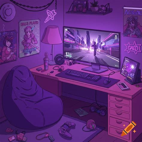 Cartoon of a purple-themed gaming room with a computer, bean bag chair ...