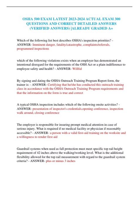 OSHA 500 EXAM LATEST ACTUAL EXAM 300 QUESTIONS AND CORRECT DETAILED ...