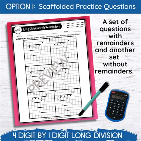 4 Digit by 1 Digit Long Division Worksheets With and Without remainders ...