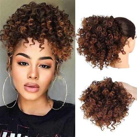 Amazon.com : LEOSA Kinky Curly Ponytail Extension Ombre Brown Short ...