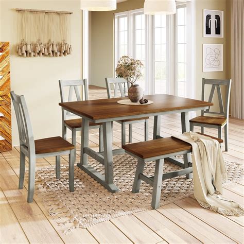 Amazon.com - CKLMMC Farmhouse Style Wood Dining Table Set, 6-Piece ...