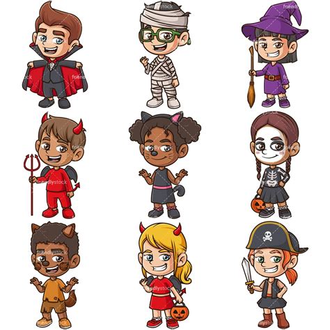 Kids In Halloween Costumes Clipart Vector Collection - FriendlyStock