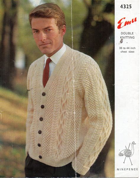 Vintage Mens Aran Cardigan Knitting Pattern PDF Mens Aran Jacket V Neck ...