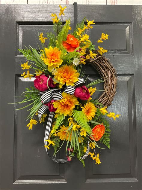 Spring Door Wreath, Spring and Summer Wreath, Yellow Forsythia Wreath ...
