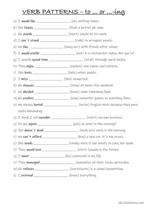 Verb Patterns Exercises 的图像结果