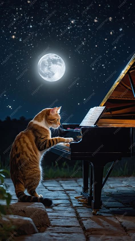 A cat playing piano at night under a bright full moon and flying ...