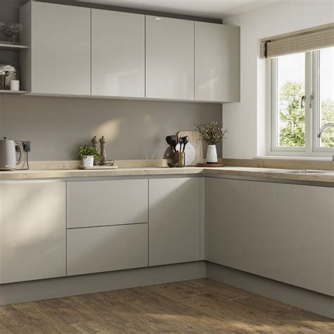 Greenwich Gloss Sandstone Handleless Kitchen Cabinets