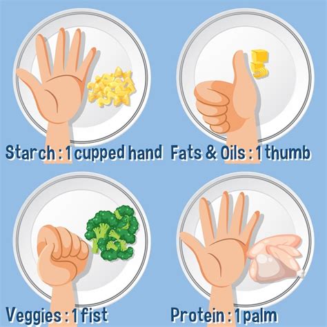Portion control comparing food amounts using human hand | Premium Vector