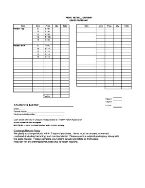 Fillable Online olp aishk edu Netball Uniform Order Form 2007 - olp ...