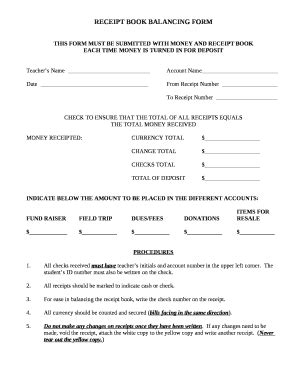 RECEIPT BOOK BALANCING Doc Template | pdfFiller
