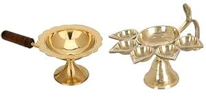 Buy JSV Pure Brass Dhoop Diya and pancharti Combo Medium Size Kapoor ...