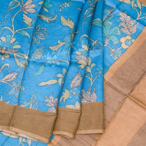 Pure Tussar Blue Floral Printed Saree – Kumaran Silks