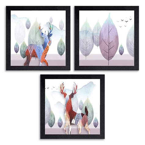 PnF Set of 3 Painting Painting of Deer (14x14inch, setof3,Multicolour ...