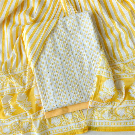 Bright Yellow Hand Block Printed Pure Cotton Unstitched Suit Set ...