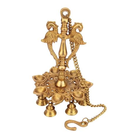 Artvarko Brass Peacock Diya Bells with Chain Wall Hanging 7 Oil Wick ...