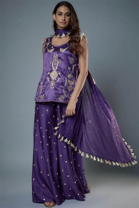 Purple Embroidered Kurta And Sharara With Dupatta – Studio East6
