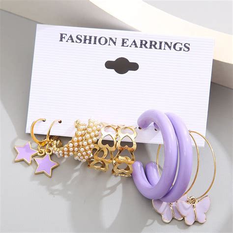 Combo of 5 Butterfly Star Heart Purple and Golden Hoop Earrings – Vembley