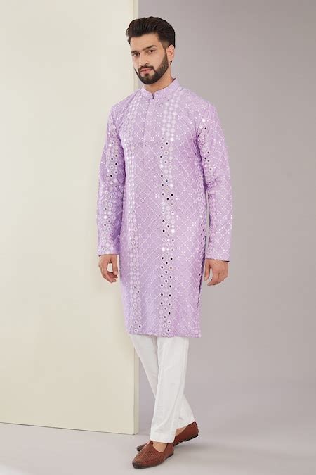 Buy Purple Silk Embroidered Mirrorwork Geometric Kurta For Men by ...