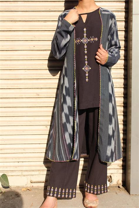 Blue black handwoven overlay with embroidered crop top and palazzos se ...