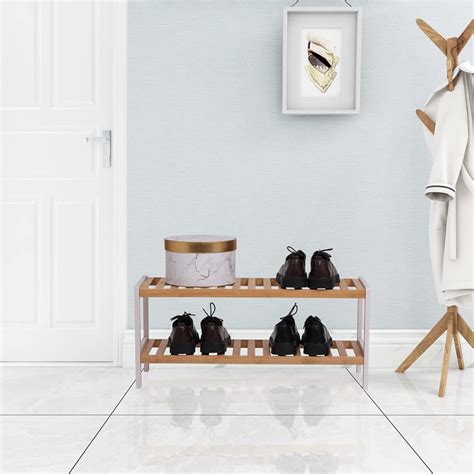 Buy SEEZSSA Bamboo Shoe Rack, 2 Tier Wooden Shoe Rack Storage Bench, 8 ...