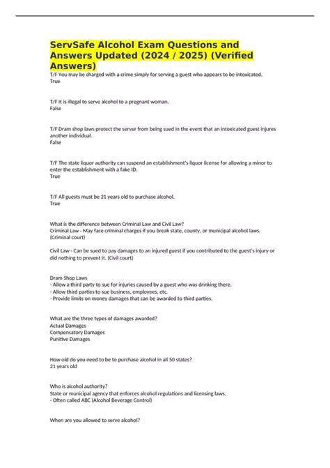ServSafe Alcohol Exam Questions and Answers Updated (2024 / 2025 ...