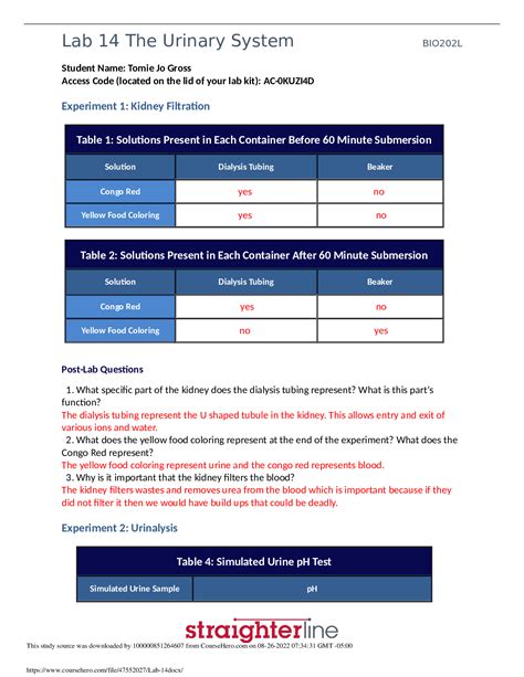 BIOL 202L Lab 14 The Urinary System, Experiment 1: Kidney Filtration ...