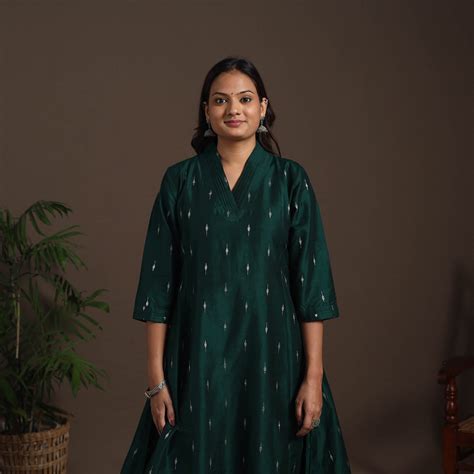 Green A-Line Buti Work Spun Dupion Silk Plain Kurta Set (Set of 2)