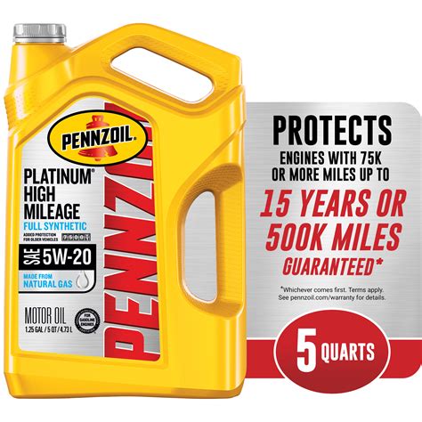 Pennzoil High Mileage Full Synthetic 5W-20 Motor Oil, 5 Quart - Walmart.com