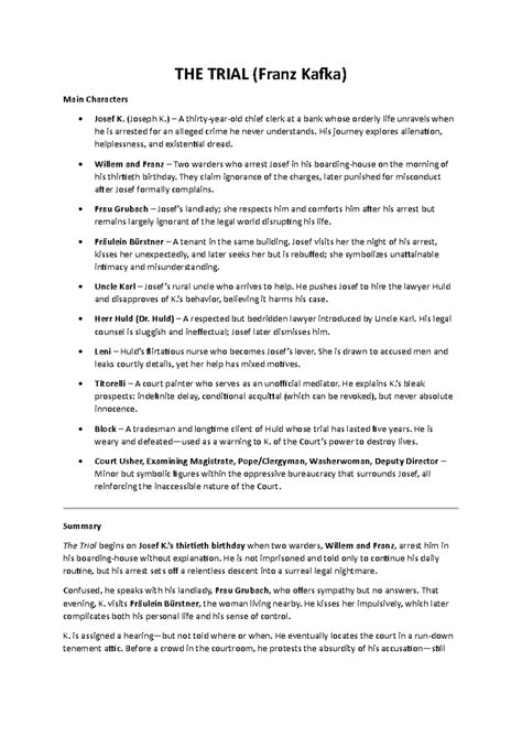 THE TRIAL (Franz Kafka) Character Analysis and Summary - Studocu