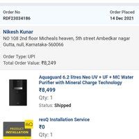 Reliance Digital — Aquaguard water purifier . Refund not processed