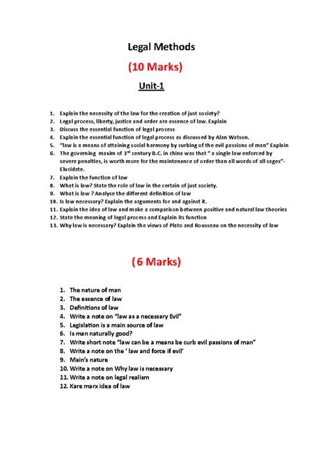 Legal Methods unit 1 - Legal Methods (10 Marks) Unit- 1 1. Explain the ...