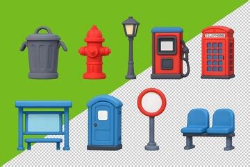 3d cartoon icons of public infrastructure elements isolated on ...