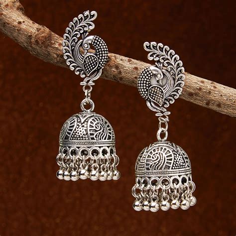 Fida Ethnic Indian Traditional Silver Peacock Engraved Jhumka Earrings ...