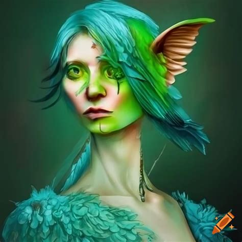 Artistic depiction of a half-green bird, half-human creature on Craiyon