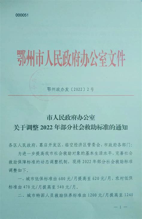 鄂州市人民政府办公室关于调整2022年部分社会救助标准的通知