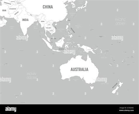 Australia and Southeast Asia map - white lands and grey water. High detailed political map of ...