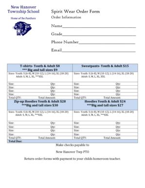 Fillable Online newhanover k12 nj Spirit Wear O Spirit Wear Order Form ...
