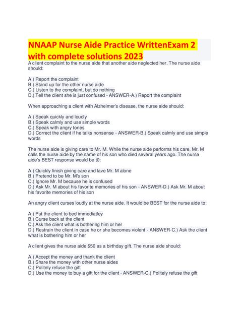 NNAAP Nurse Aide Practice Written Exam 2 with complete solutions 2023 ...