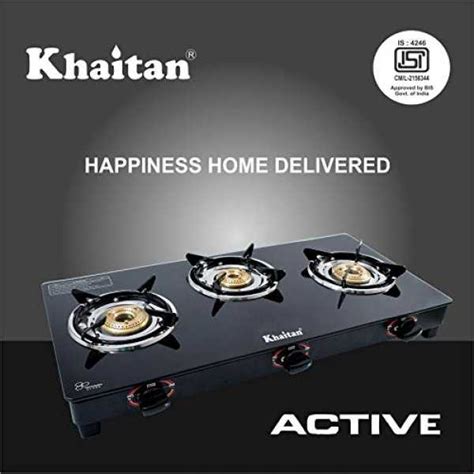Khaitan 3 Burner Gas Stove Active Black Toughened Glass Top, manual ...