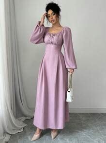 Modelyn Women's Elegant Long Dress With Square Neck, Lantern Sleeves ...