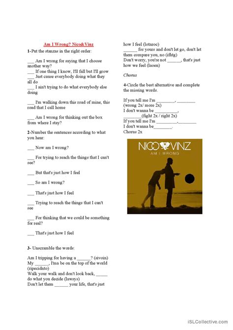 Song Worsheet - Am I Wrong song and…: English ESL worksheets pdf & doc