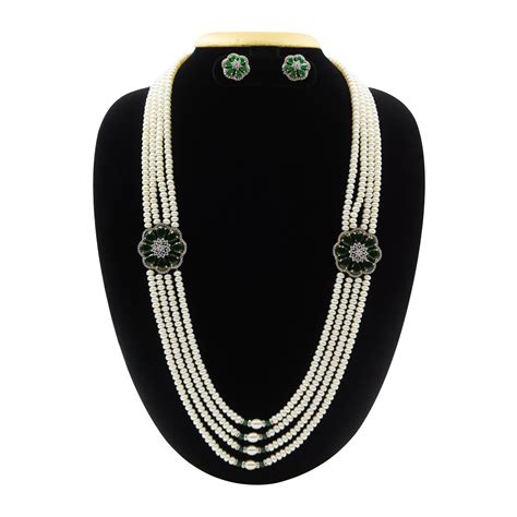 Stunning Pearls Haar With CZ & SP Emeralds Side Pendants | Pure Pearls