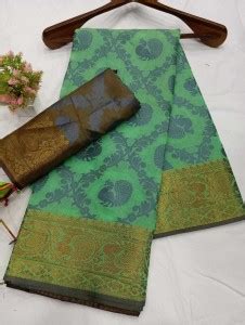 Buy sp shopping hub Animal Print Banarasi Pure Cotton Green Sarees ...