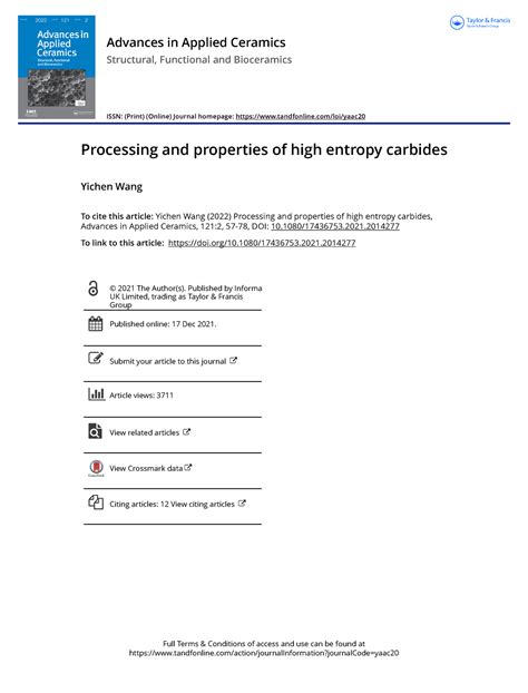 Processing and properties of high entropy carbides - 1080/17436753. To ...