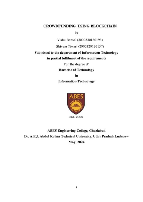 Crowdfunding Through Blockchain: A Project Report (B.Tech IT) - Studocu