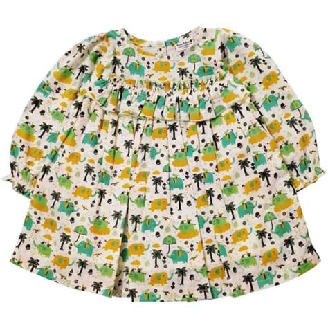 Snowflakes Girls 3/4th Sleeves Frock With Elephant & Tree Print - White