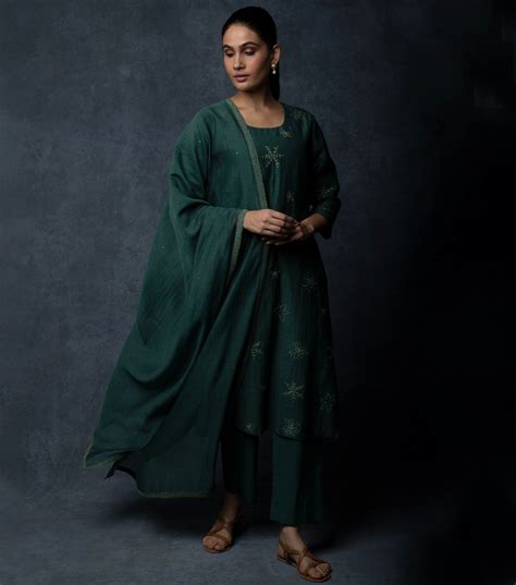 Emerald Green Embroidered Chanderi Suit Set – Tulsi Online