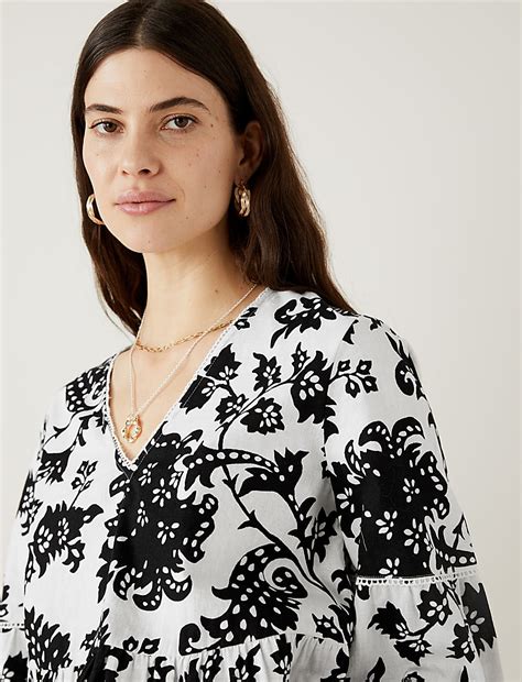 Buy Linen Rich Floral V-Neck Blouse at Marks & Spencer